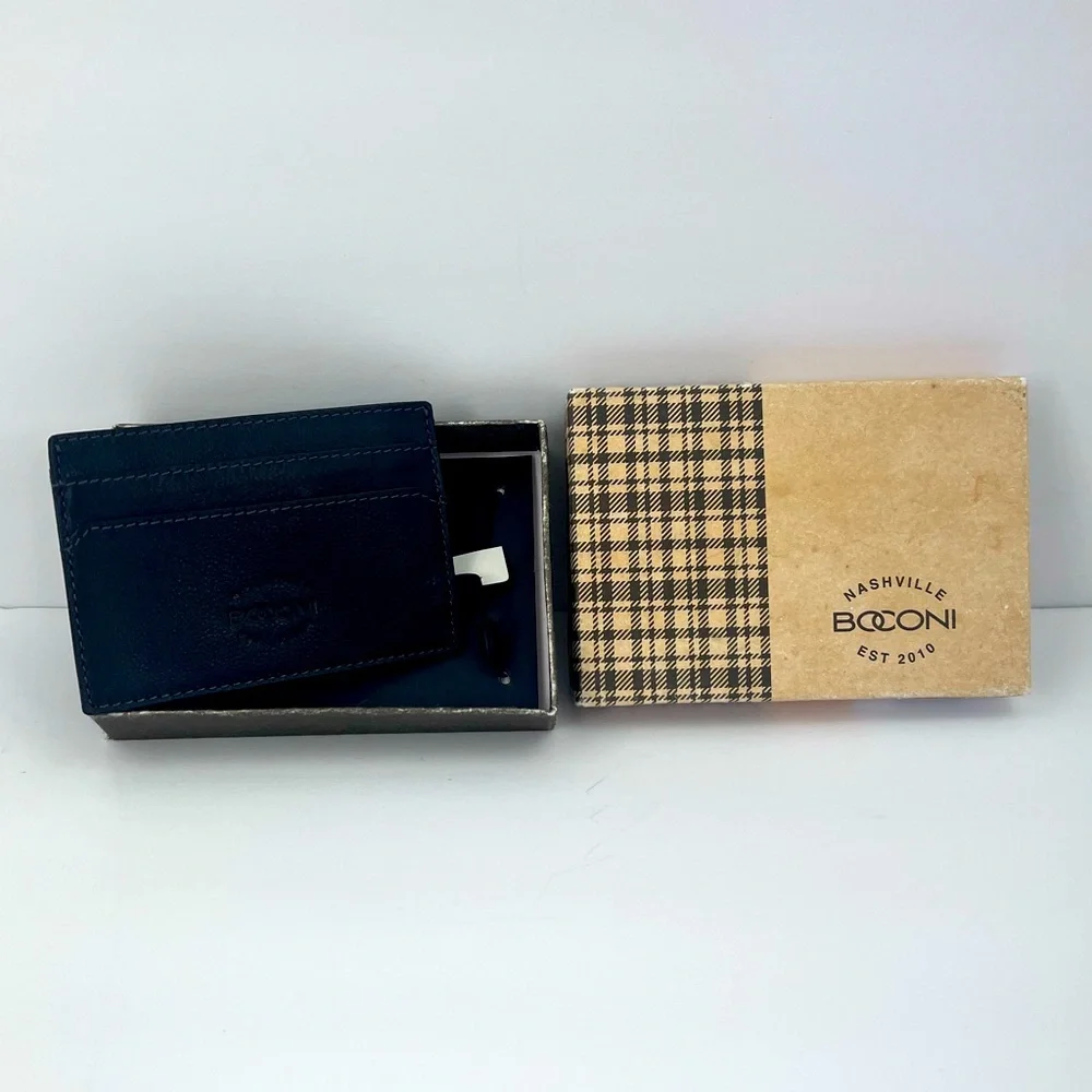 BOCONI PEBBLED LEATHER ID CARD CASE, RFID WALLET W/KEY RING LOOP. 3x4 INCHES BLK